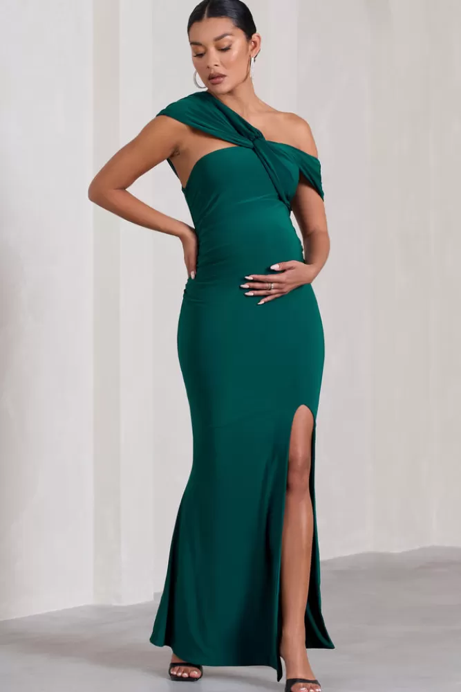 Club L London Kara | Bottle Green Asymmetric Twisted Bardot Split Maternity Maxi Dress BOTTLEGREEN Online