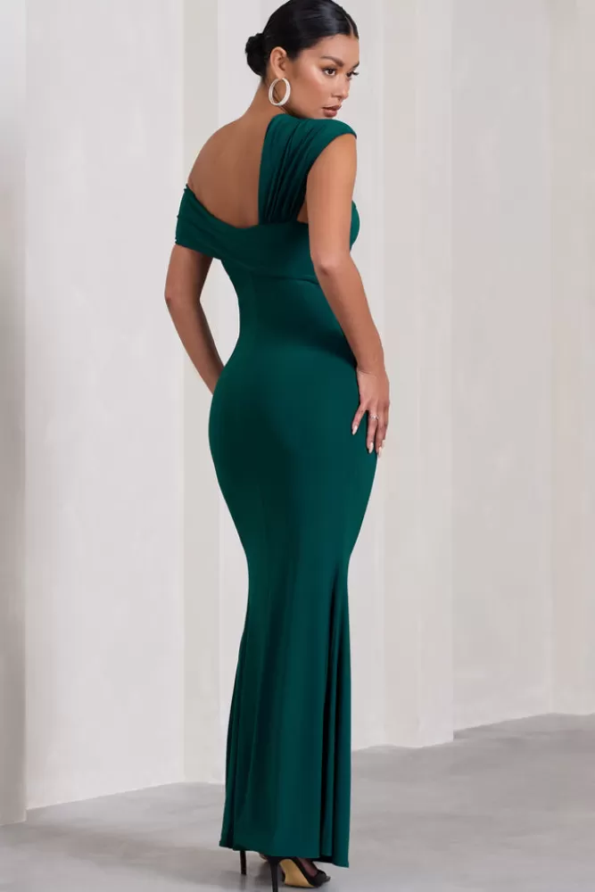 Club L London Kara | Bottle Green Asymmetric Twisted Bardot Split Maternity Maxi Dress BOTTLEGREEN Online