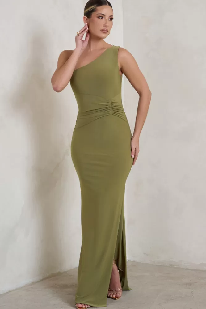 Club L London Kary | Olive Green One Shoulder Thigh Split Maxi Dress OLIVEGREEN Discount