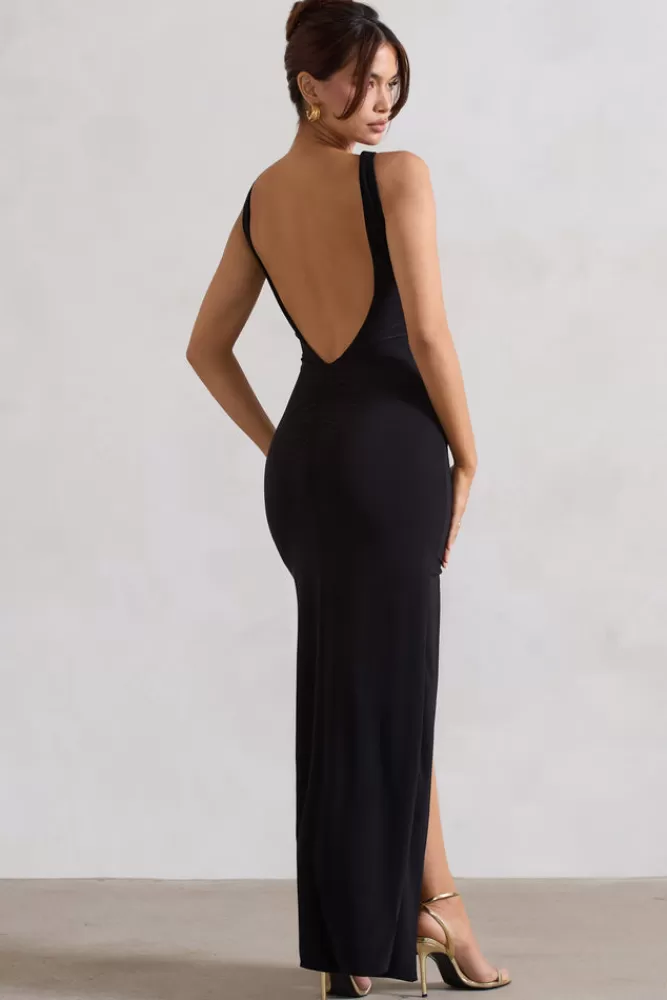 Club L London Kate | Square Neck Maxi Dress with Plunge Back and Side Thigh Split Black Best Sale