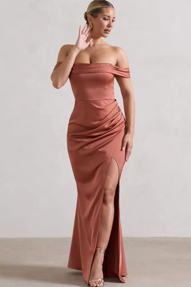 Club L London Katia | Satin Bardot Fishtail Maxi Dress RUST Clearance