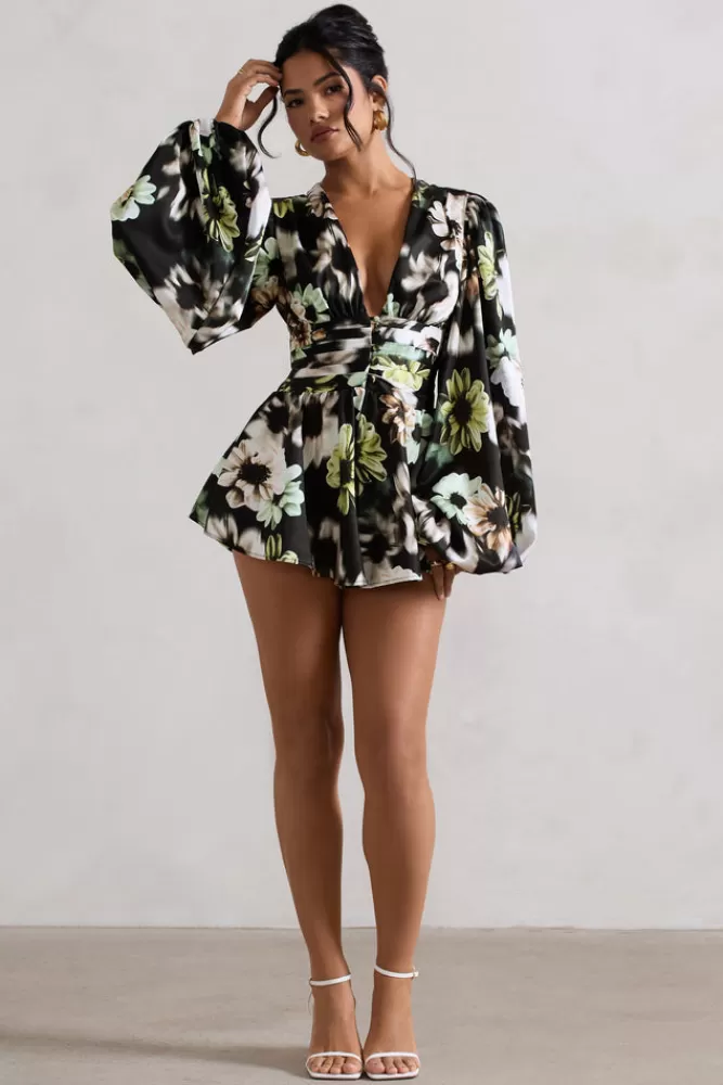 Club L London Katsura | Black Floral Print Satin Plunge-Neck Playsuit MONOFLORAL Hot