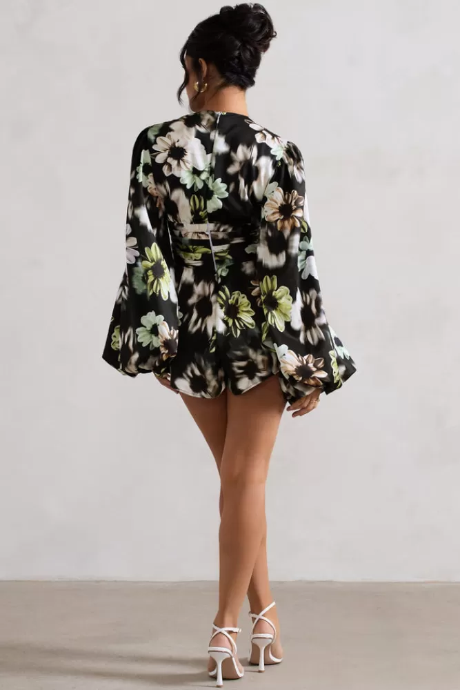 Club L London Katsura | Black Floral Print Satin Plunge-Neck Playsuit MONOFLORAL Hot