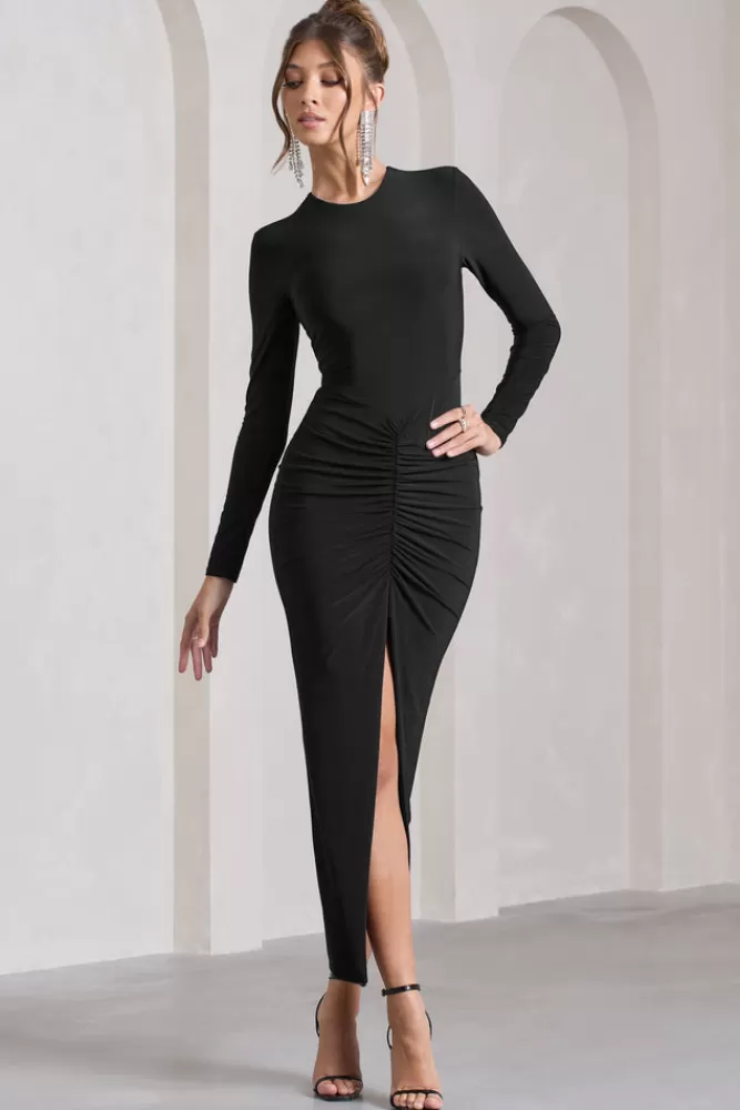 Club L London Katy | Ruched Long-Sleeve Split Maxi Dress BLACK Cheap