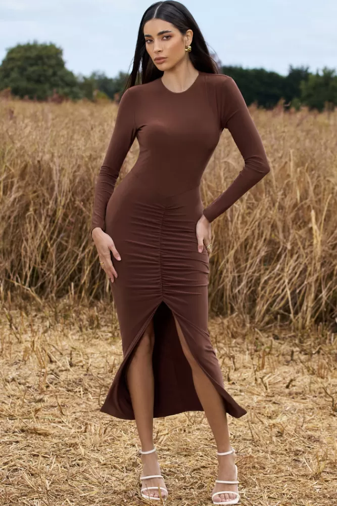 Club L London Katy | Ruched Long-Sleeve Split Maxi Dress CHOCOLATE Discount