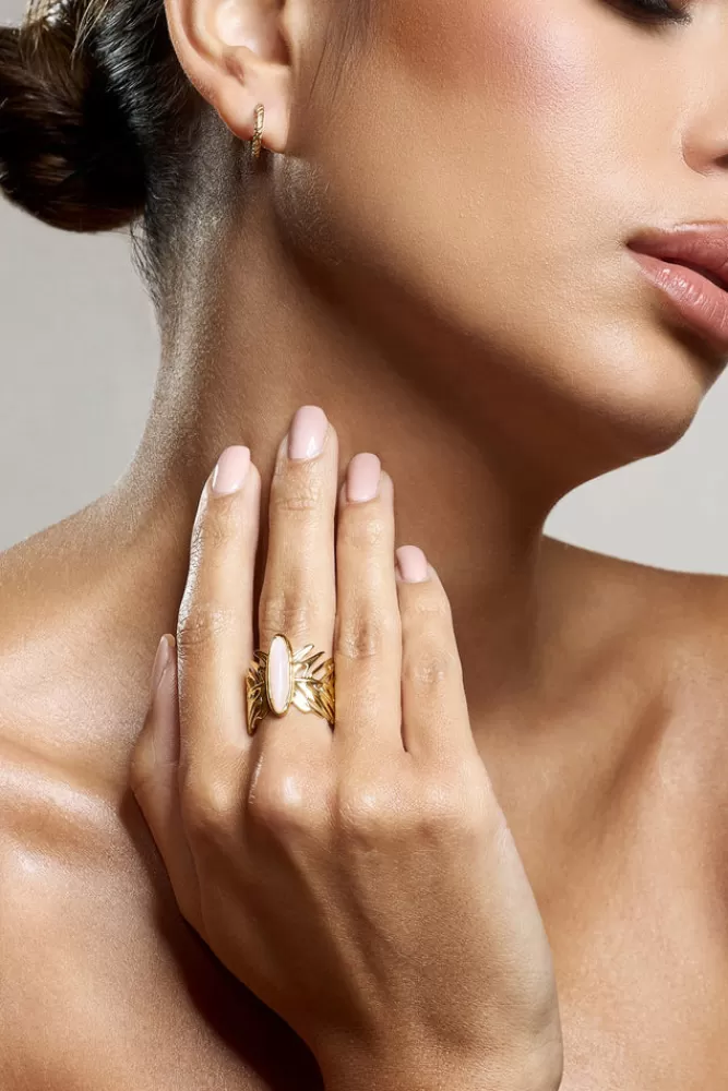 Club L London Kaya | Pink Leaf Adjustable Ring GOLD Discount