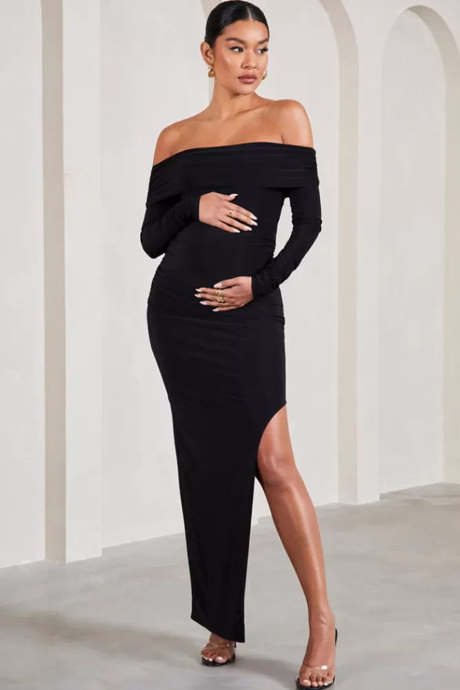 Club L London Kaylee | Ruched Strapless Long-Sleeved Split Maternity Maxi Dress BLACK Fashion