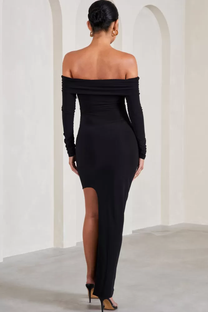 Club L London Kaylee | Ruched Strapless Long-Sleeved Split Maternity Maxi Dress BLACK Fashion