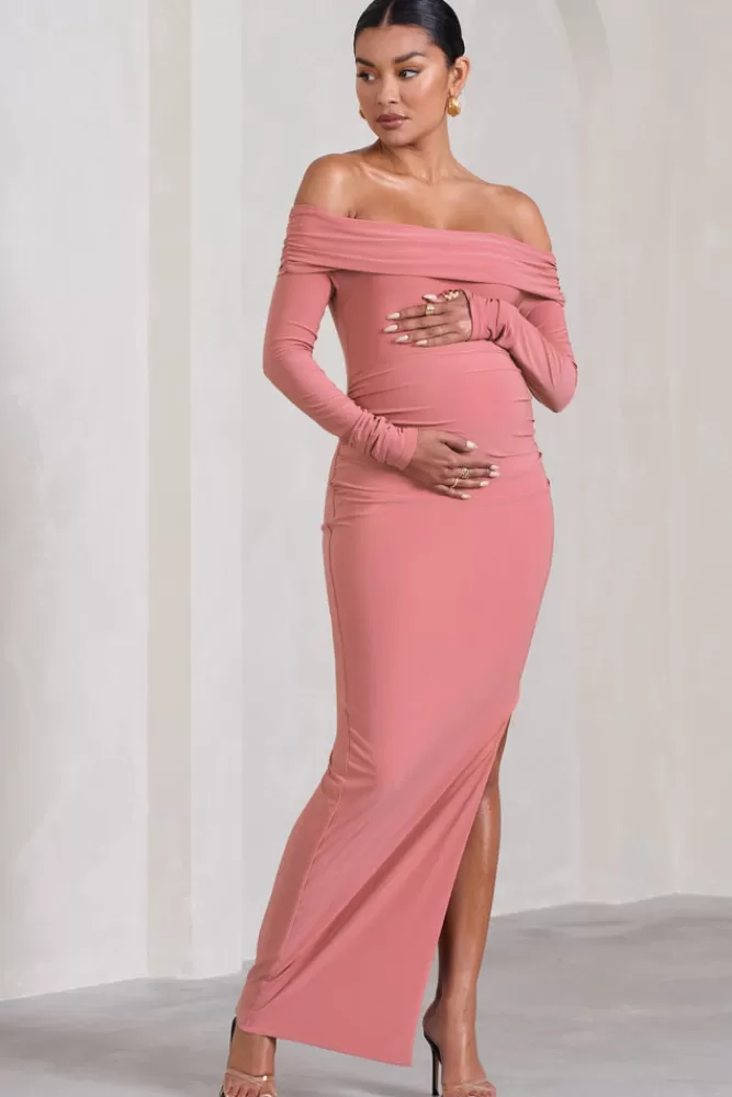 Club L London Kaylee | Blush Pink Ruched Strapless Long-Sleeved Split Maternity Maxi Dress BLUSHPINK Cheap