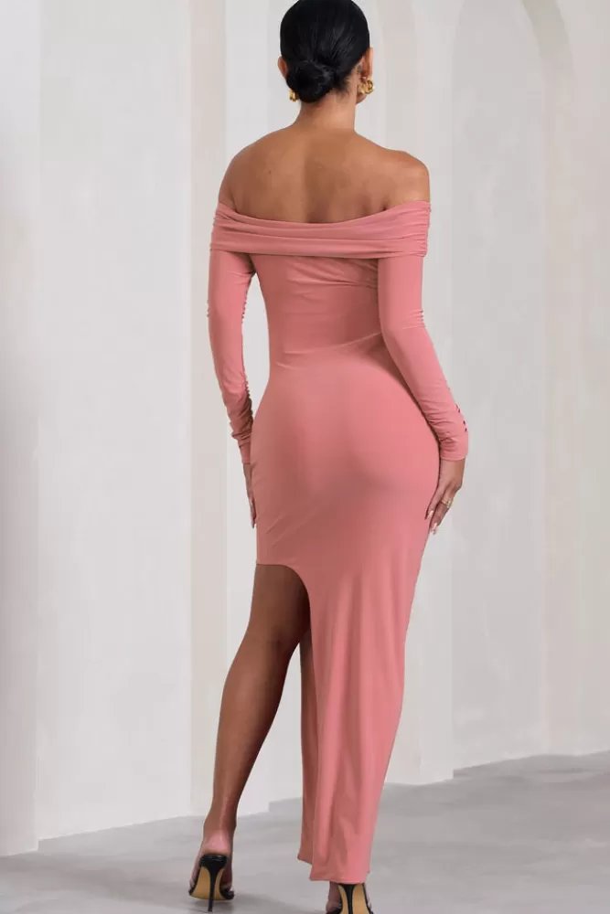 Club L London Kaylee | Blush Pink Ruched Strapless Long-Sleeved Split Maternity Maxi Dress BLUSHPINK Cheap