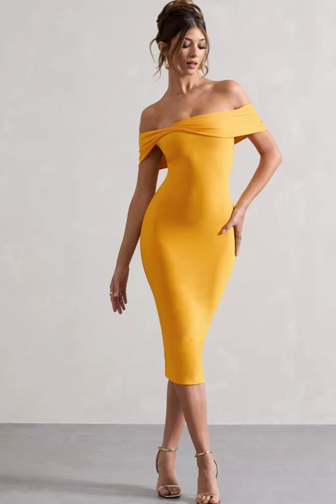 Club L London Keely | Mango Bodycon Twisted Bardot Midi Dress MANGOYELLOW Hot