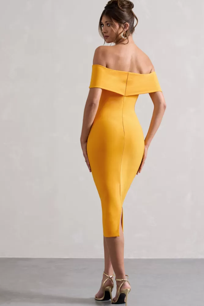 Club L London Keely | Mango Bodycon Twisted Bardot Midi Dress MANGOYELLOW Hot