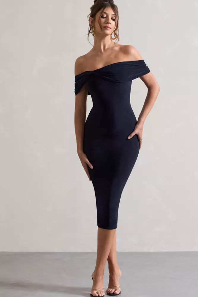 Club L London Keely | Bodycon Twisted Bardot Midi Dress NAVY Sale