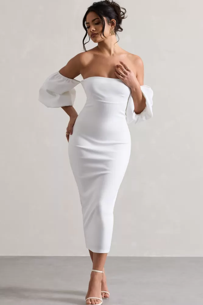 Club L London Keira | Bardot Puff-Sleeve Midi Dress WHITE Hot