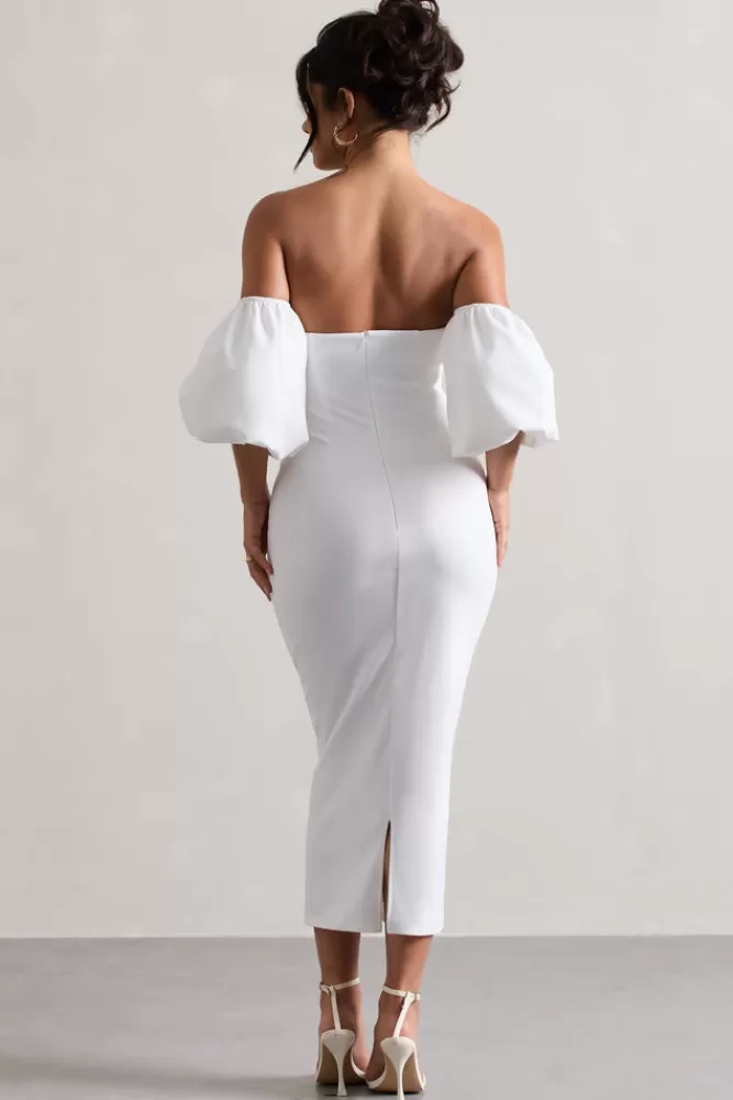 Club L London Keira | Bardot Puff-Sleeve Midi Dress WHITE Hot