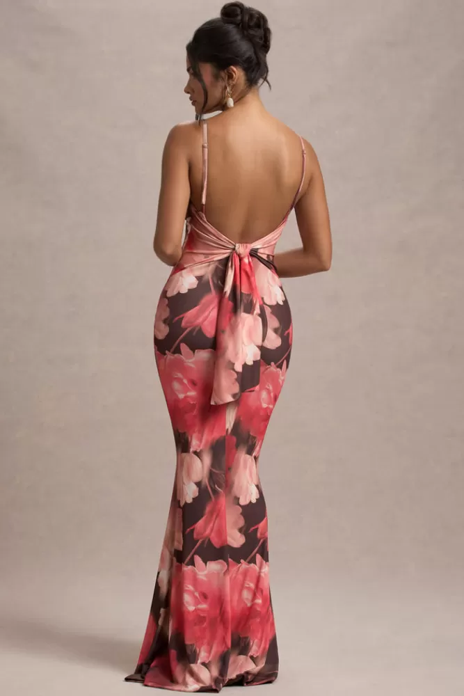 Club L London Kelila | Red Floral Print Strappy Open-Back Split Maxi Dress REDFLORAL Discount