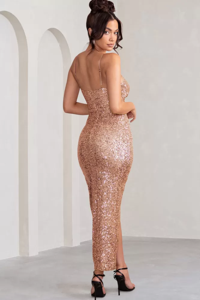 Club L London Kendall | Gold Sequin Plunge Neckline Ruched Maxi Dress With Wrap Detail Bronze Clearance
