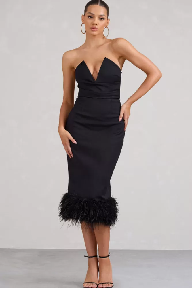 Club L London Kensington | Bodycon Midi Dress With Statement Feather Trim BLACK Outlet