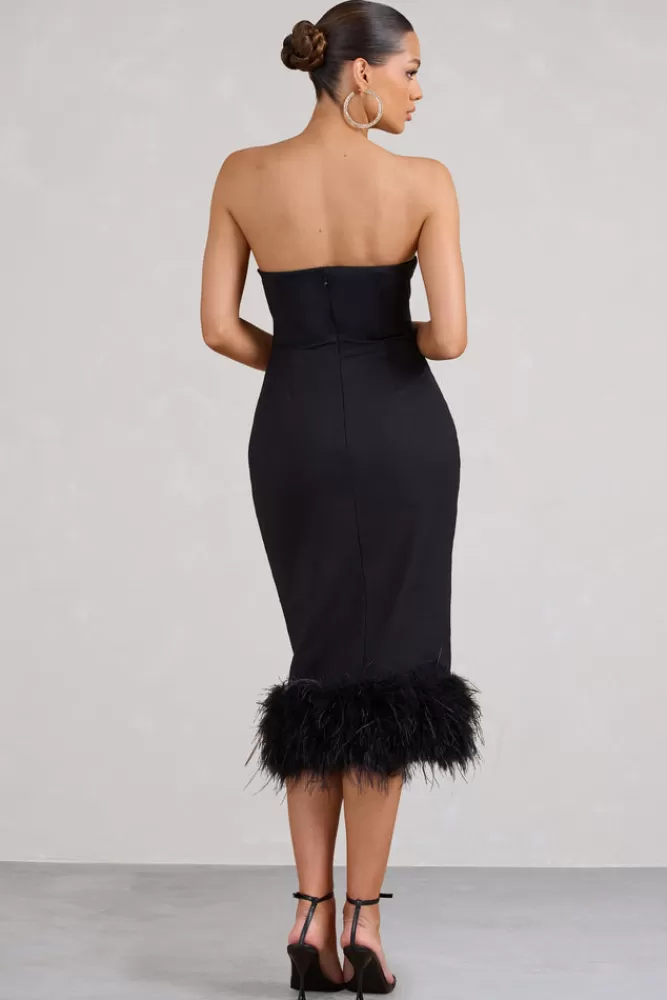Club L London Kensington | Bodycon Midi Dress With Statement Feather Trim BLACK Outlet