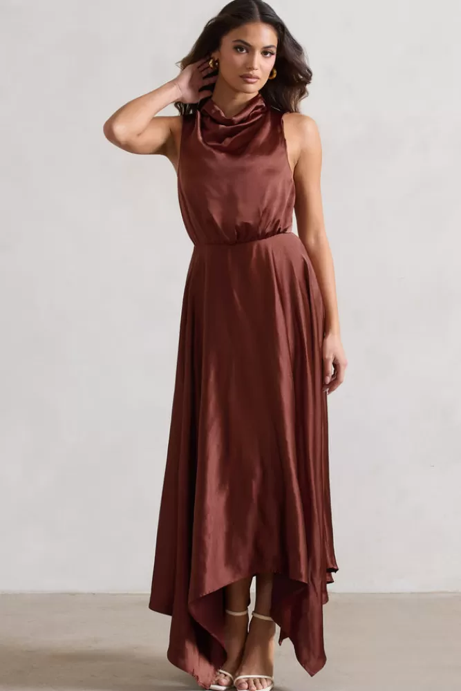 Club L London Kerri | Brown Satin Cowl-Neck Maxi Dress CHOCOLATE Flash Sale