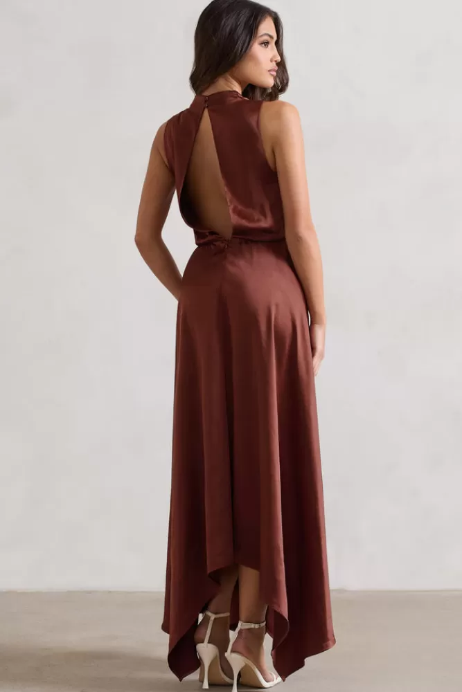 Club L London Kerri | Brown Satin Cowl-Neck Maxi Dress CHOCOLATE Flash Sale