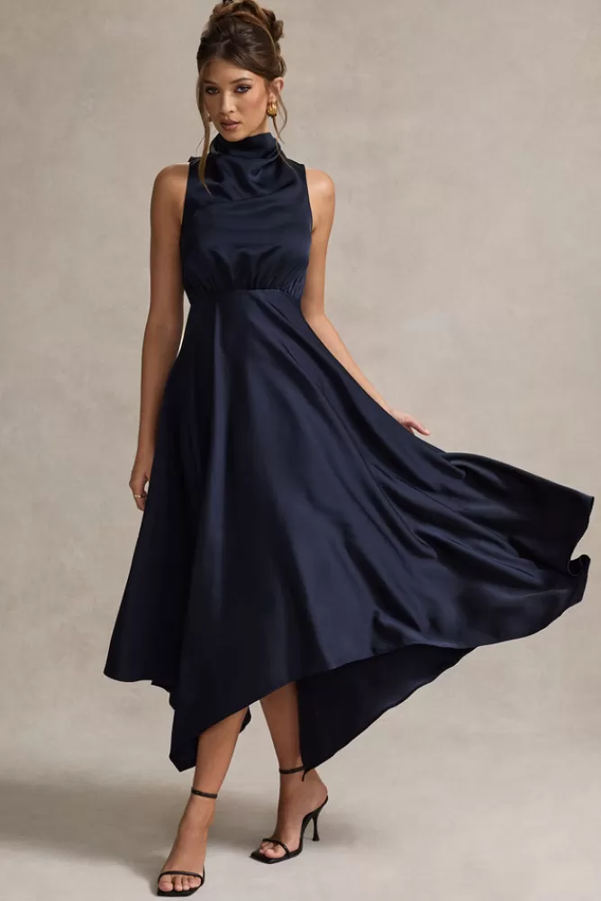 Club L London Kerri | Satin Cowl-Neck Maxi Dress NAVY Cheap