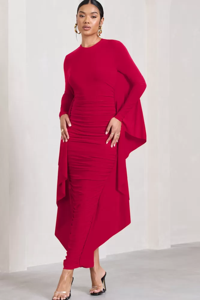 Club L London Keva | Long Sleeve Ruched Maxi Dress with Cape Detailing RED Outlet