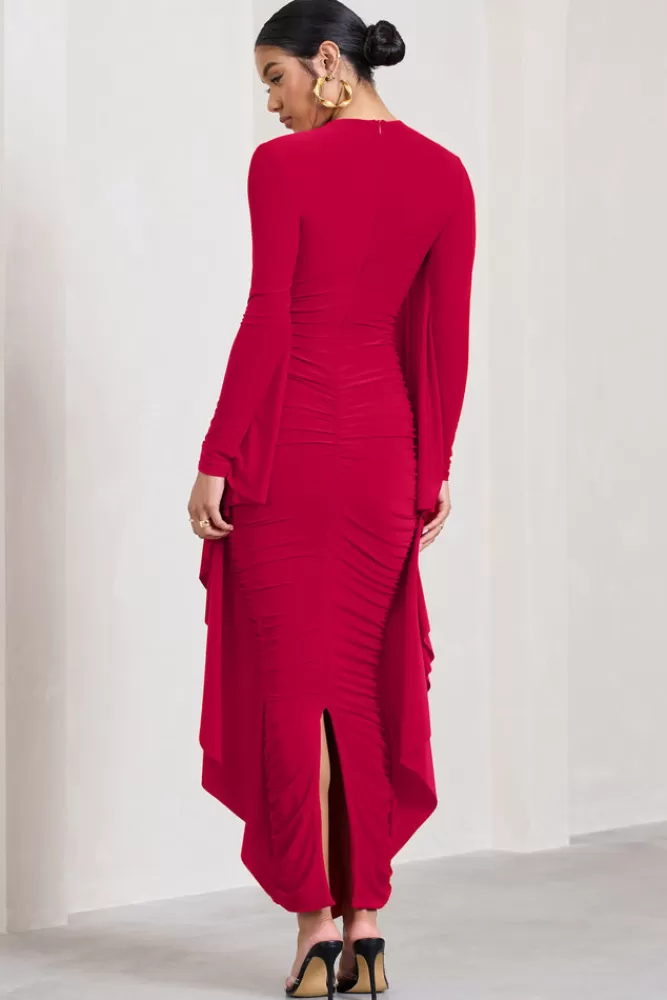 Club L London Keva | Long Sleeve Ruched Maxi Dress with Cape Detailing RED Outlet