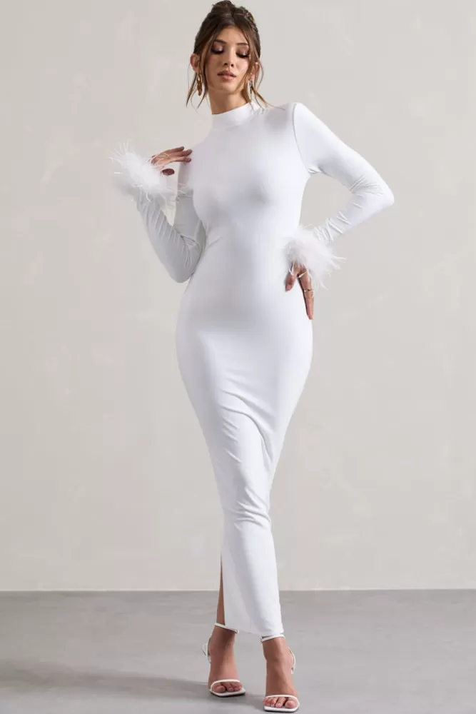 Club L London Khalia | High-Neck Feather-Cuff Maxi Dress WHITE Store