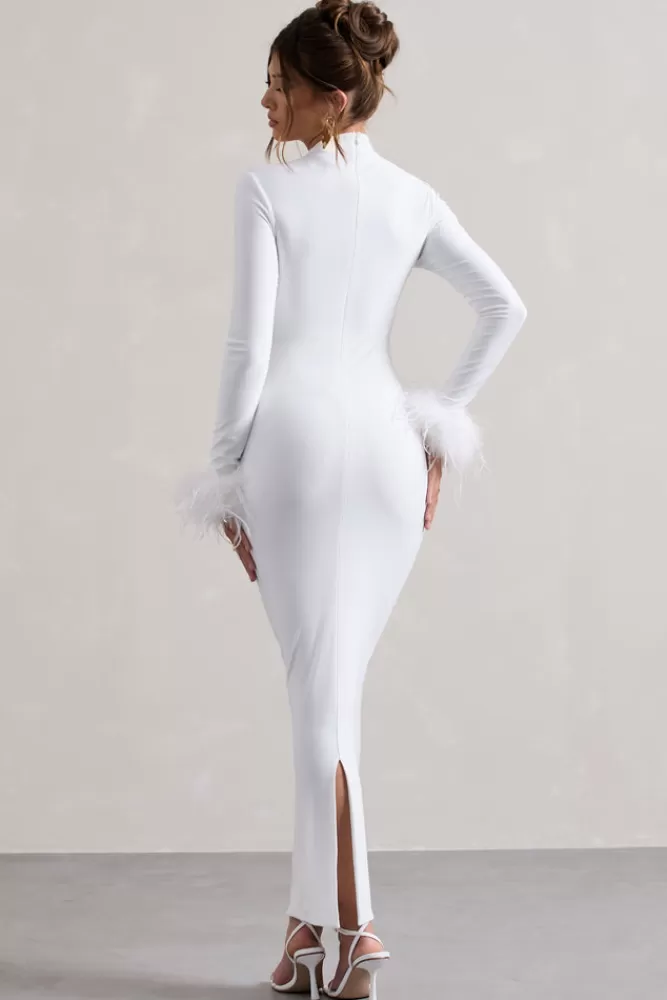 Club L London Khalia | High-Neck Feather-Cuff Maxi Dress WHITE Store