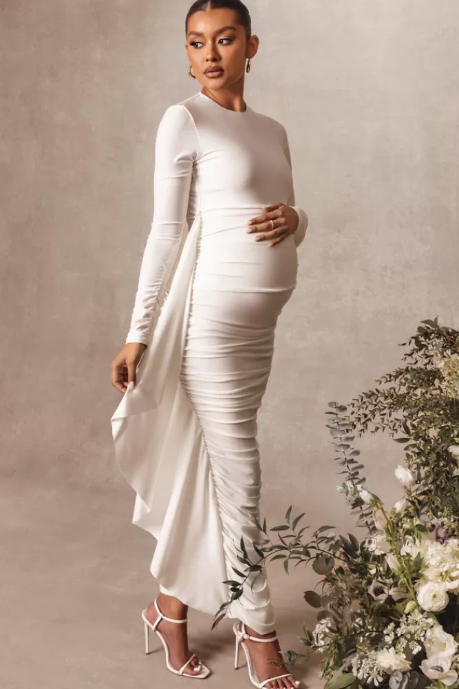 Club L London Kiara | Long Sleeve Ruched Maternity Midi Dress with Frill Detail WHITE Shop