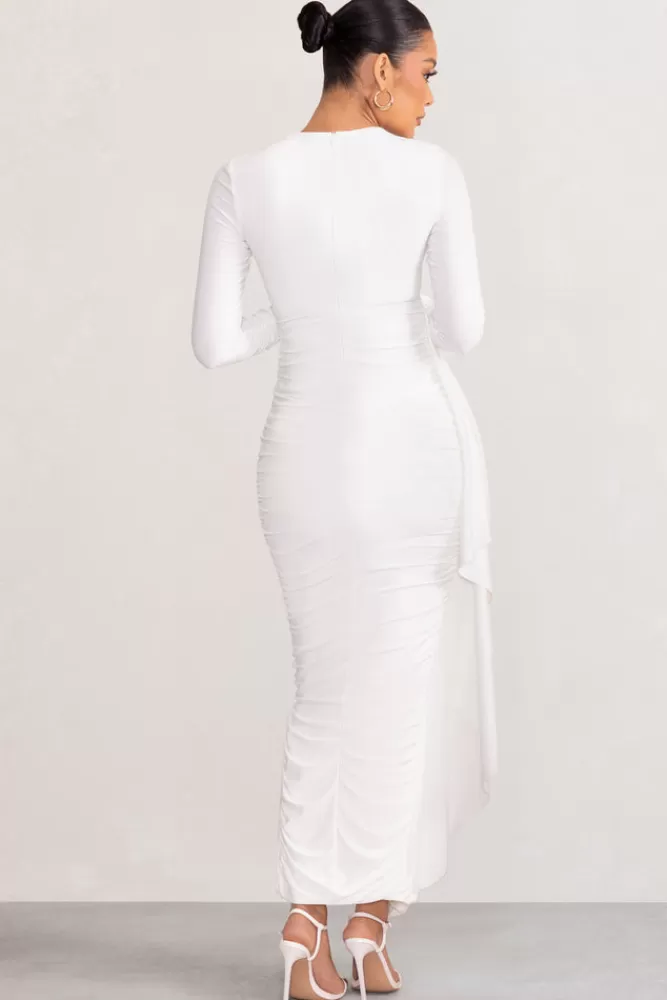 Club L London Kiara | Long Sleeve Ruched Maternity Midi Dress with Frill Detail WHITE Shop