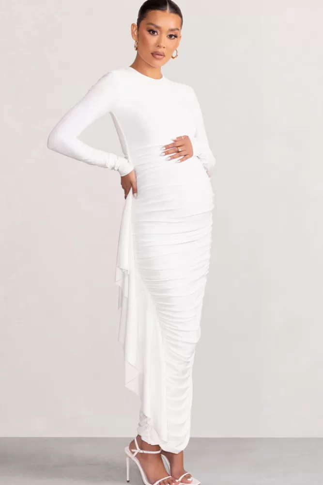 Club L London Kiara | Long Sleeve Ruched Maternity Midi Dress with Frill Detail WHITE Shop