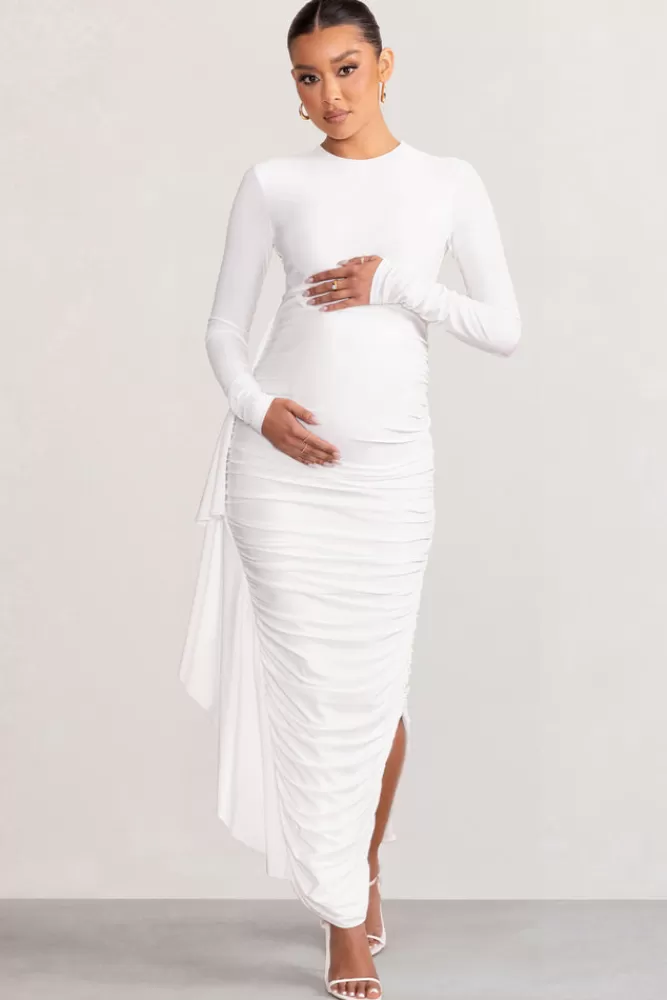Club L London Kiara | Long Sleeve Ruched Maternity Midi Dress with Frill Detail WHITE Shop