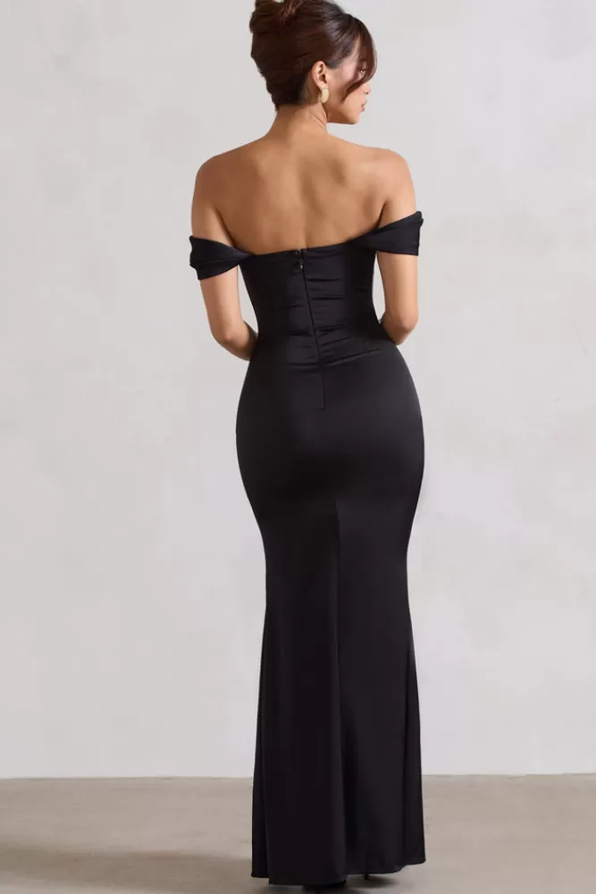 Club L London Kimberly | Bardot Fishtail Satin Maxi Dress BLACK Outlet