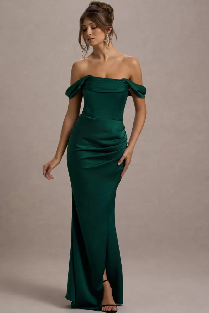 Club L London Kimberly | Bottle Green Bardot Fishtail Satin Maxi Dress BOTTLEGREEN Online