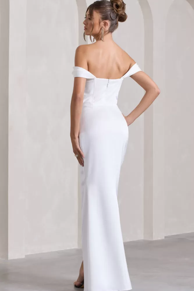 Club L London Kimberly | Bardot Fishtail Satin Maxi Dress WHITE Best