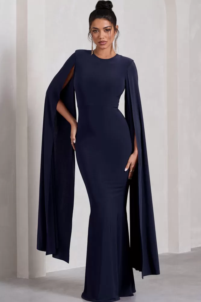 Club L London Kimmy | High Neck Maxi Dress With Cape Sleeves NAVY Cheap