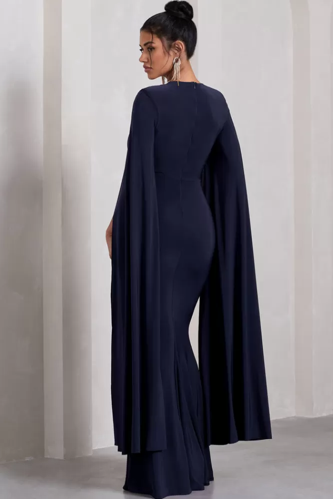 Club L London Kimmy | High Neck Maxi Dress With Cape Sleeves NAVY Cheap