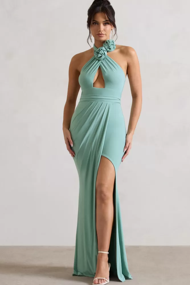 Club L London Kira | Sage Halter-Neck Cut-Out Split Maxi Dress With Flowers ICEDMINT Best