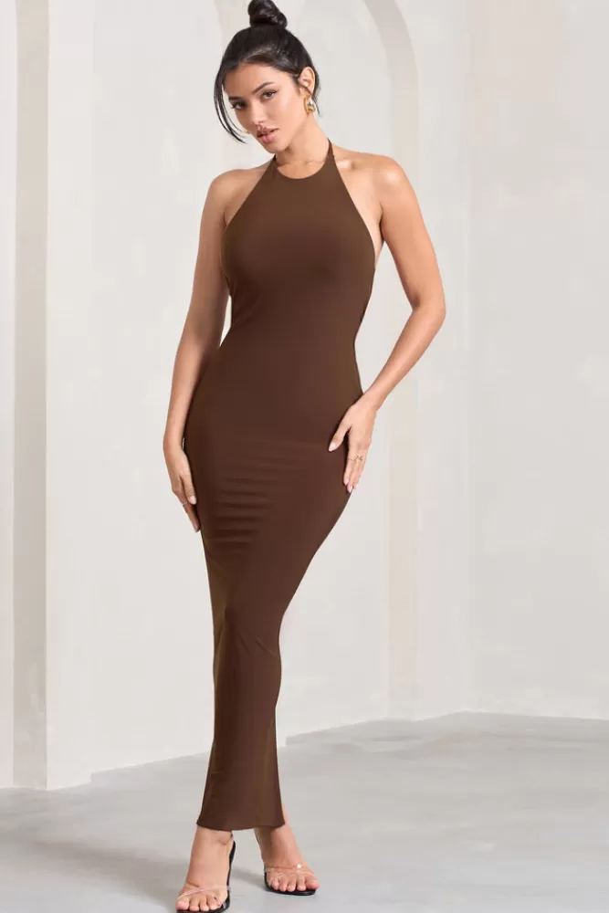 Club L London Kirsten | Sleeveless Halter-Neck Open-Back Knot Maxi Dress CHOCOLATE Best Sale