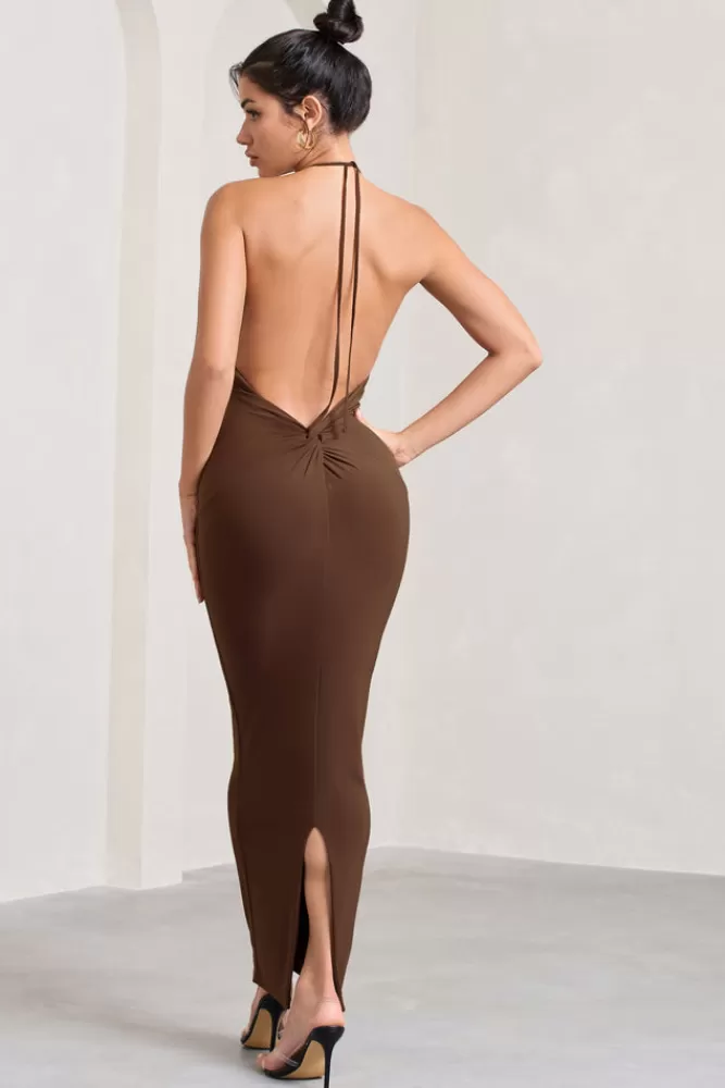 Club L London Kirsten | Sleeveless Halter-Neck Open-Back Knot Maxi Dress CHOCOLATE Best Sale