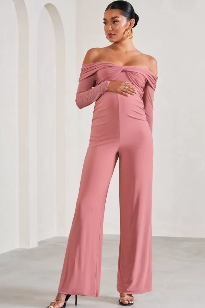 Club L London Kyla | Blush Pink Ruched Bardot Long-Sleeved Wide-Leg Maternity Jumpsuit BLUSHPINK Shop