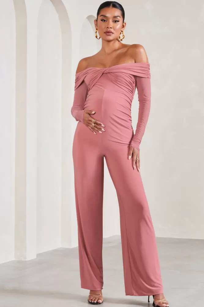 Club L London Kyla | Blush Pink Ruched Bardot Long-Sleeved Wide-Leg Maternity Jumpsuit BLUSHPINK Shop