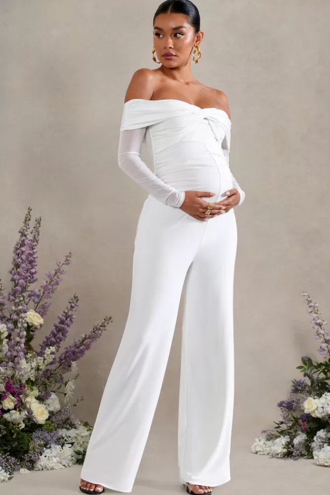 Club L London Kyla | Ruched Bardot Long-Sleeved Wide-Leg Maternity Jumpsuit WHITE Shop