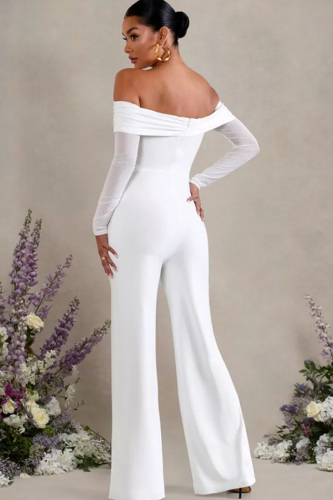 Club L London Kyla | Ruched Bardot Long-Sleeved Wide-Leg Maternity Jumpsuit WHITE Shop