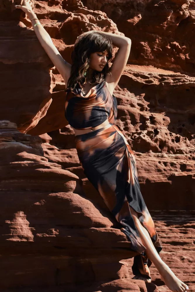 Club L London La Belle | Orange Smoke Print Ruffle Maxi Skirt With Thigh Split MULTI Hot