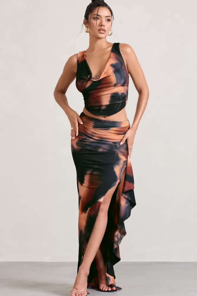 Club L London La Belle | Orange Smoke Print Ruffle Maxi Skirt With Thigh Split MULTI Hot
