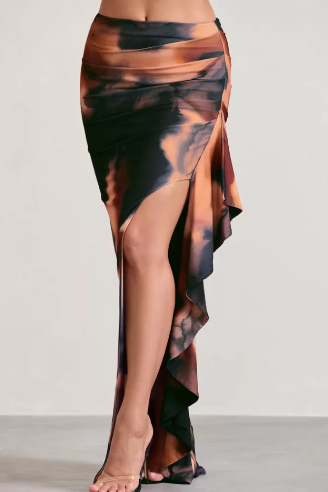 Club L London La Belle | Orange Smoke Print Ruffle Maxi Skirt With Thigh Split MULTI Hot