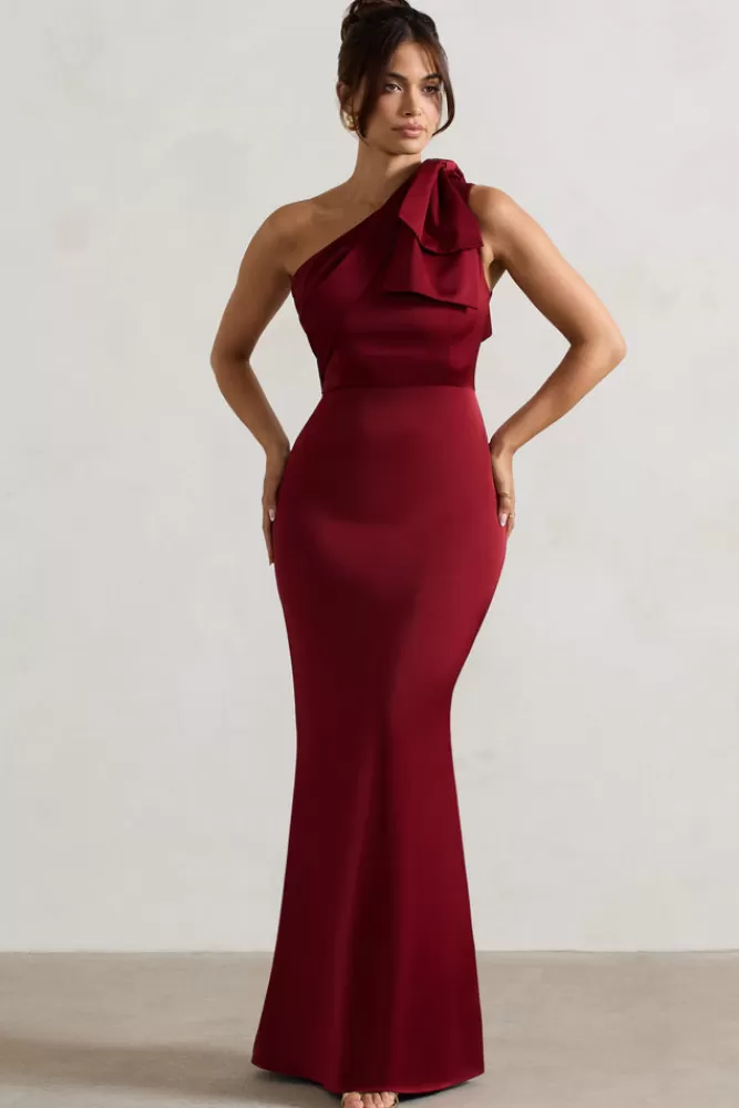 Club L London Lady | Satin One Shoulder Maxi Dress With Bow BERRY Outlet